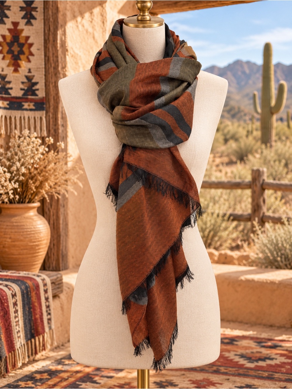 🆕🔥Fall Transition Cozy Rustic Striped Wrap Scarf in Burnt Orange and Olive